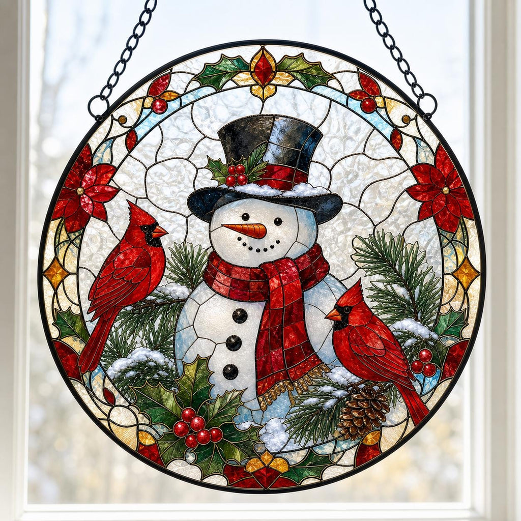 May include: A circular stained glass suncatcher featuring a central snowman wearing a black top hat and a red scarf. Two bright red cardinal birds are perched on pine branches with holly leaves and berries. The border includes poinsettia flowers.