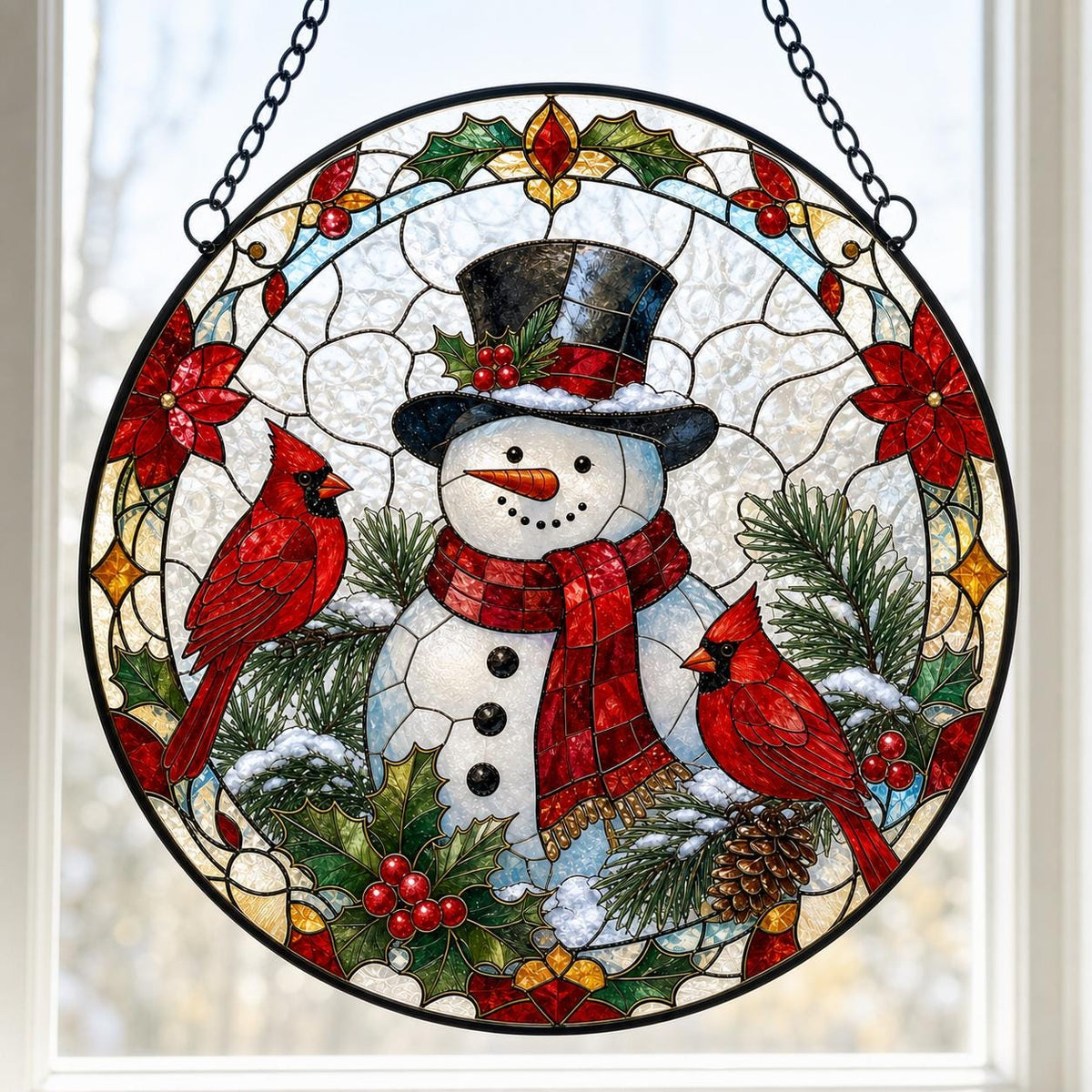 May include: A circular stained glass suncatcher featuring a central snowman wearing a black top hat and a red scarf. Two bright red cardinal birds are perched on pine branches with holly leaves and berries. The border includes poinsettia flowers.