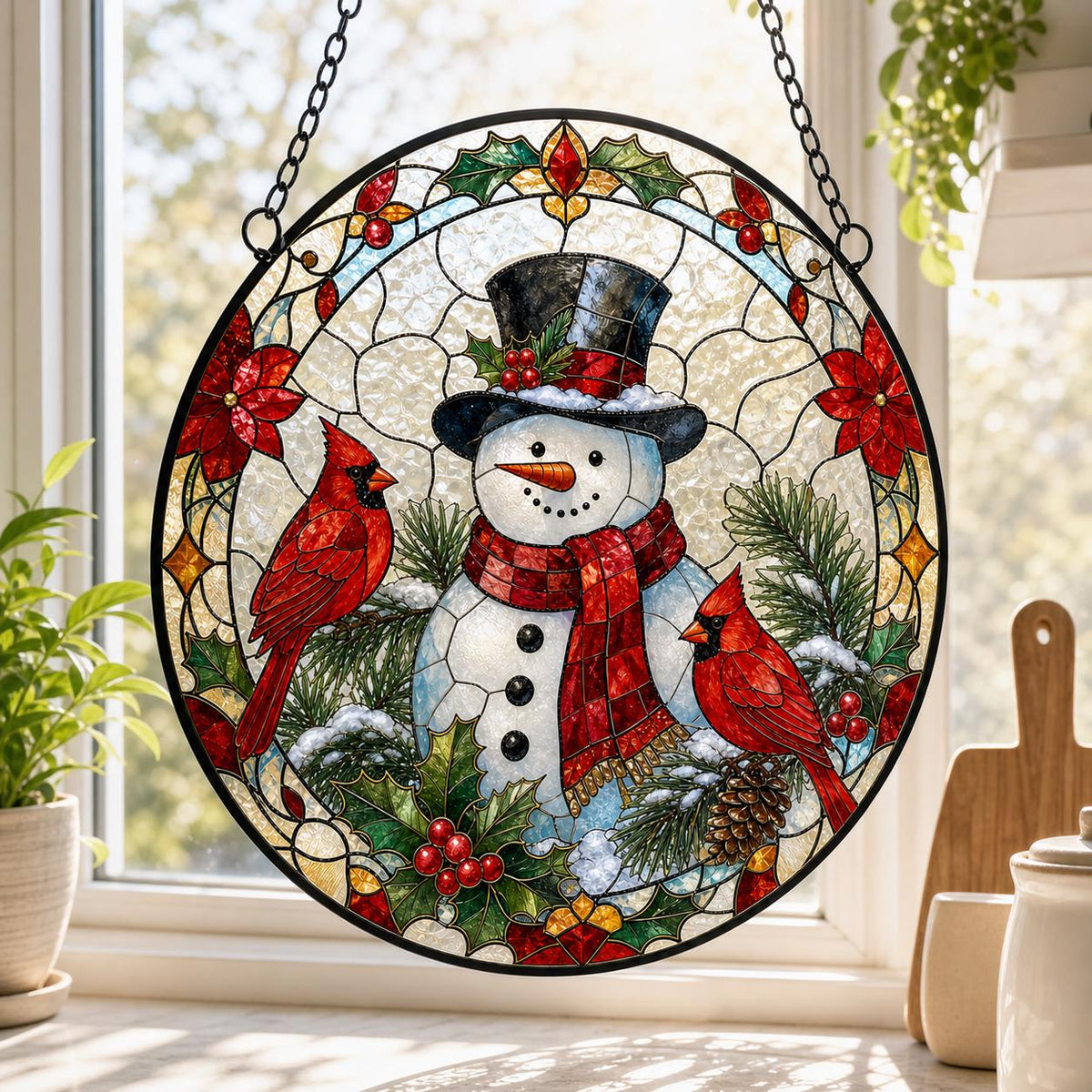 May include: A circular stained glass suncatcher featuring a central snowman wearing a black top hat and a red plaid scarf. Two bright red cardinal birds are perched on pine branches with holly leaves and berries surrounding the snowman.
