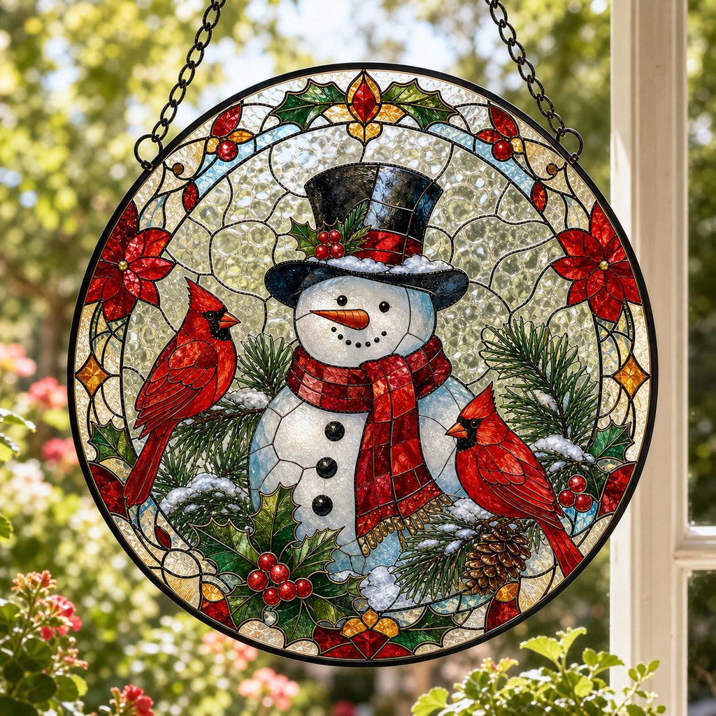 May include: A circular stained glass suncatcher featuring a central snowman wearing a black top hat and a red plaid scarf. Two bright red cardinal birds are perched on pine branches surrounding the snowman, accented by holly leaves and berries.
