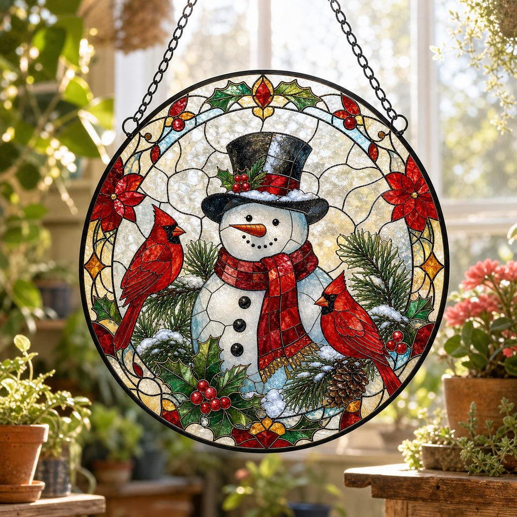 May include: A circular stained glass suncatcher featuring a central snowman wearing a black top hat and a red plaid scarf. Two bright red cardinals are perched on pine branches, surrounded by green holly leaves, red berries, and poinsettias.
