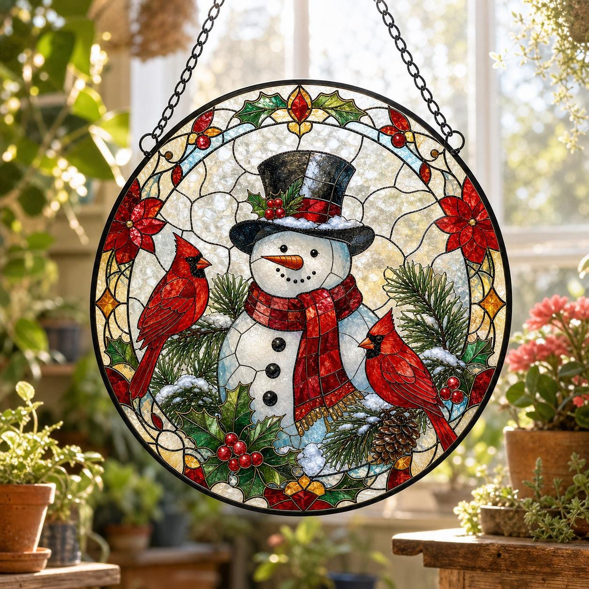 May include: A circular stained glass suncatcher featuring a central snowman wearing a black top hat and a red plaid scarf. Two bright red cardinals are perched on pine branches, surrounded by green holly leaves, red berries, and poinsettias.