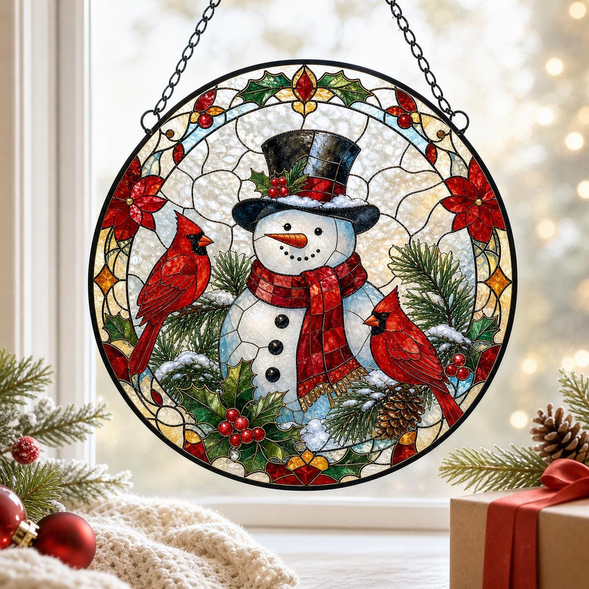 May include: A circular stained glass suncatcher featuring a central snowman wearing a black top hat and a red scarf. Two bright red cardinals are perched on pine branches surrounding the snowman, accented by red poinsettias and holly berries.