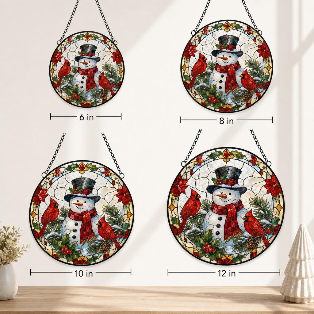 May include: Four circular stained glass suncatchers featuring a snowman wearing a top hat and red scarf, surrounded by red cardinals, holly, and pine branches. The diameters are labeled as 6 inches, 8 inches, 10 inches, and 12 inches respectively.