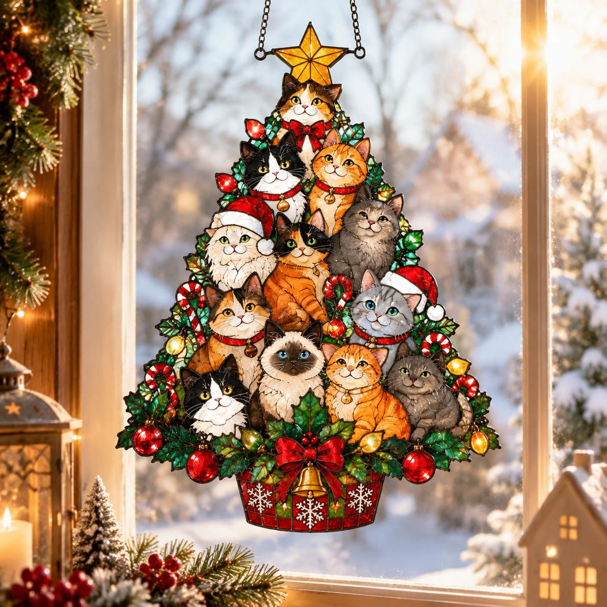 May include: A stained glass-style hanging ornament shaped like a Christmas tree, featuring multiple cats in various colors and patterns. The tree is decorated with red ornaments, candy canes, and a gold star at the top, with a bell at the base.