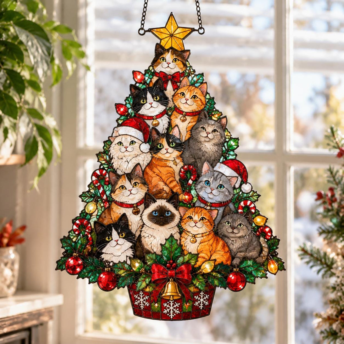 May include: A stained glass-style hanging decoration shaped like a Christmas tree, featuring multiple cats of various breeds and colors nestled among green holly leaves, red ornaments, candy canes, and a gold star topper with a bell at the base.