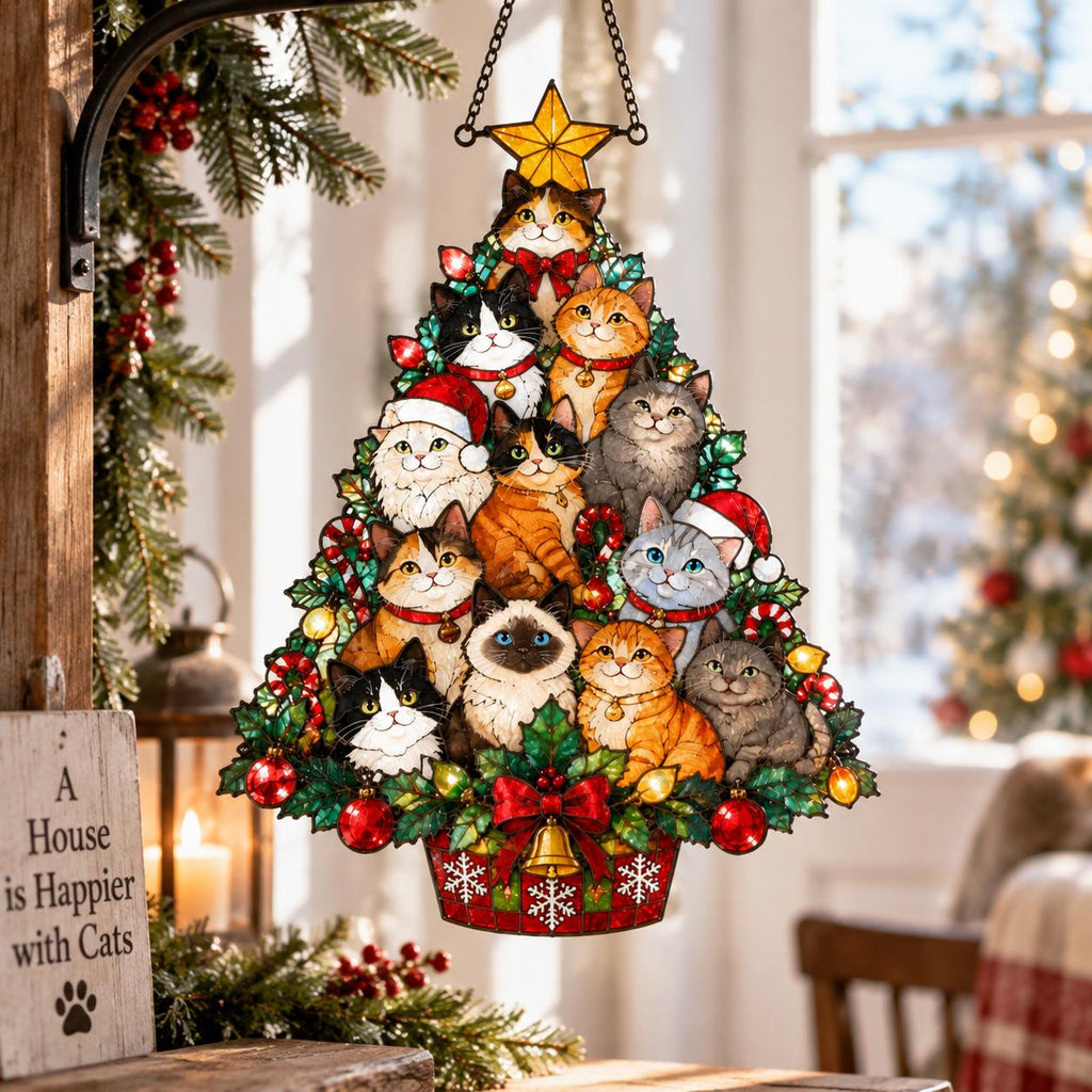 May include: A stained glass-style hanging ornament shaped like a Christmas tree, featuring multiple cats of various breeds and colors. The tree is decorated with red ornaments, candy canes, and a yellow star topper, with a red base featuring white snowflakes.