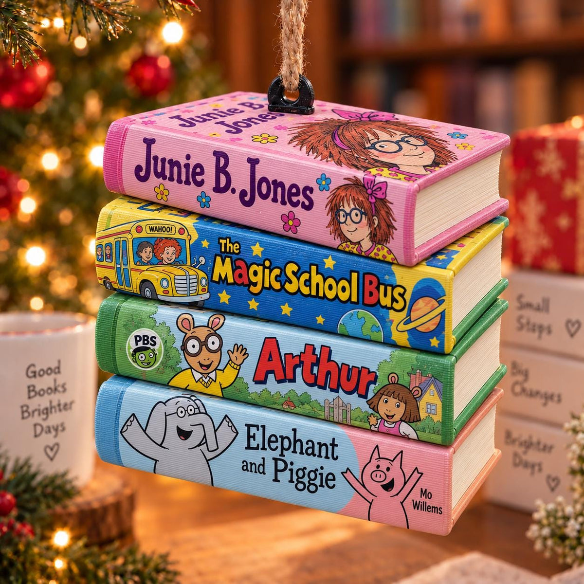May include: A stack of four book-shaped ornaments hanging from a jute rope. The top book is pink with Junie B. Jones text and illustrations. Below is a yellow Magic School Bus book, a green Arthur book, and a light blue Elephant and Piggie book.