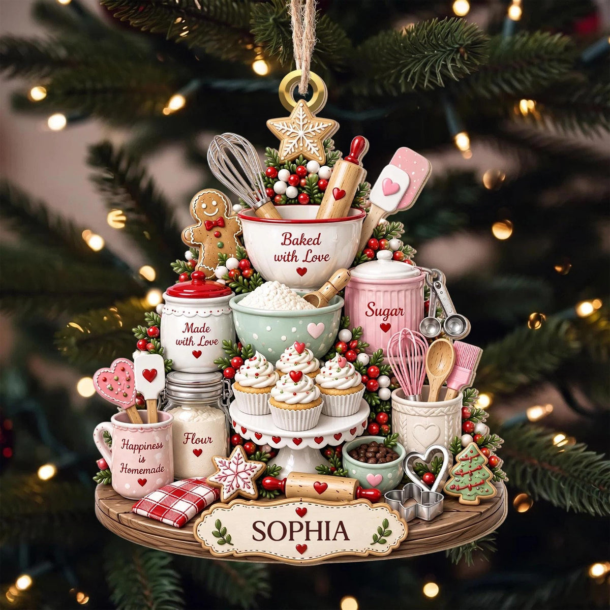 May include: A decorative Christmas tree ornament featuring a tiered baking theme with miniature kitchen tools, cupcakes, and jars labeled "Baked with Love," "Made with Love," "Sugar," "Flour," and "Happiness is Homemade." The base is personalized with the name "SOPHIA."