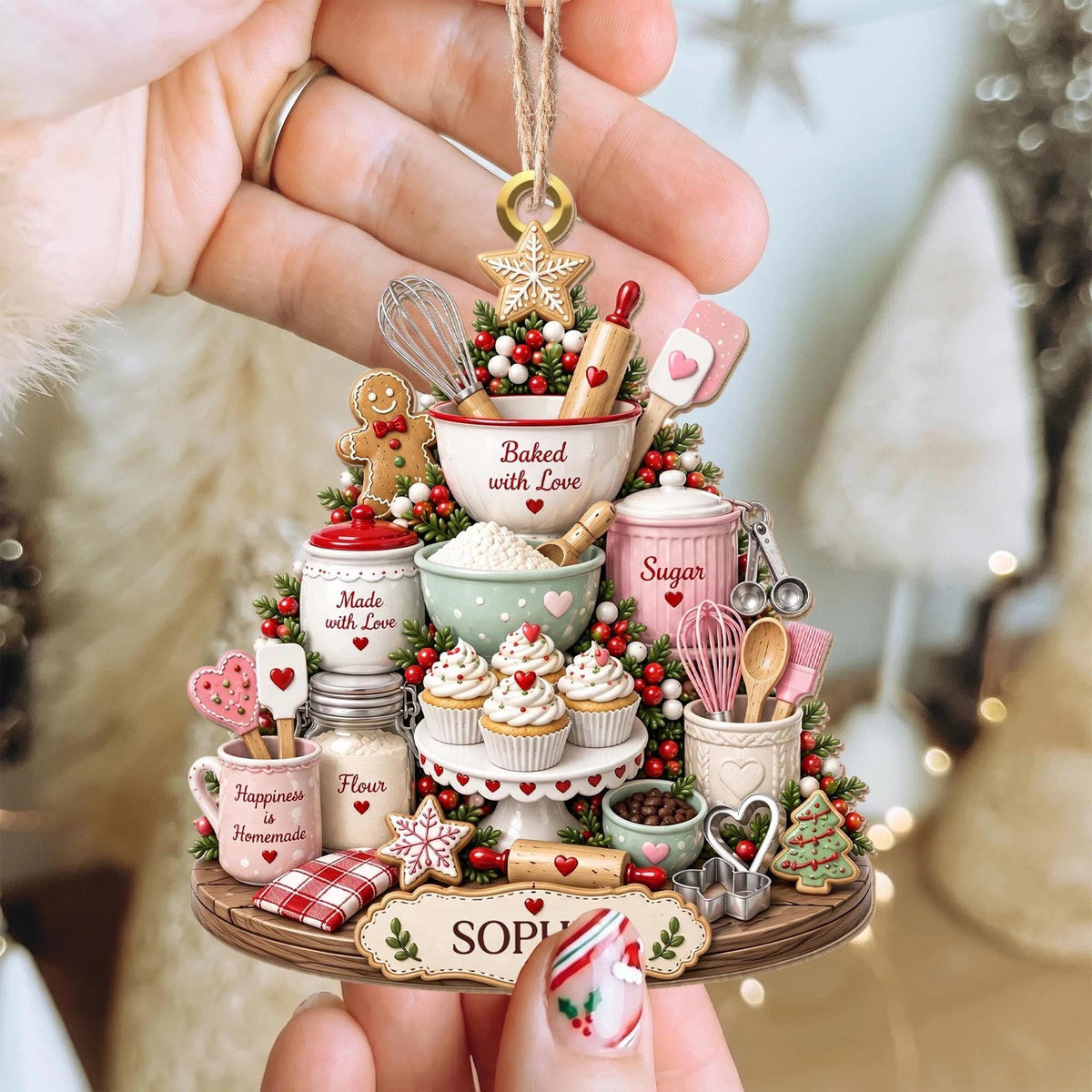 May include: A Christmas tree-shaped ornament featuring miniature baking tools and treats, including a mixing bowl with the text Baked with Love, a sugar jar, cupcakes, a gingerbread man, and a base with the name SOPHIA printed in a decorative font.