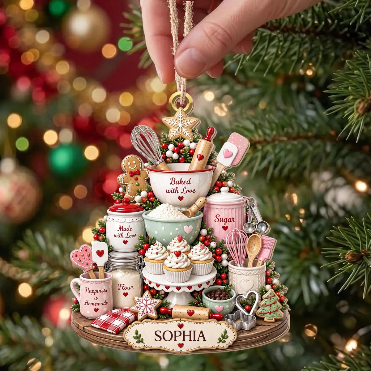 May include: A Christmas tree-shaped ornament featuring miniature baking supplies including a mixing bowl with the text Baked with Love, a jar labeled Sugar, a jar labeled Flour, a mug labeled Happiness is Homemade, and a base with the name SOPHIA.