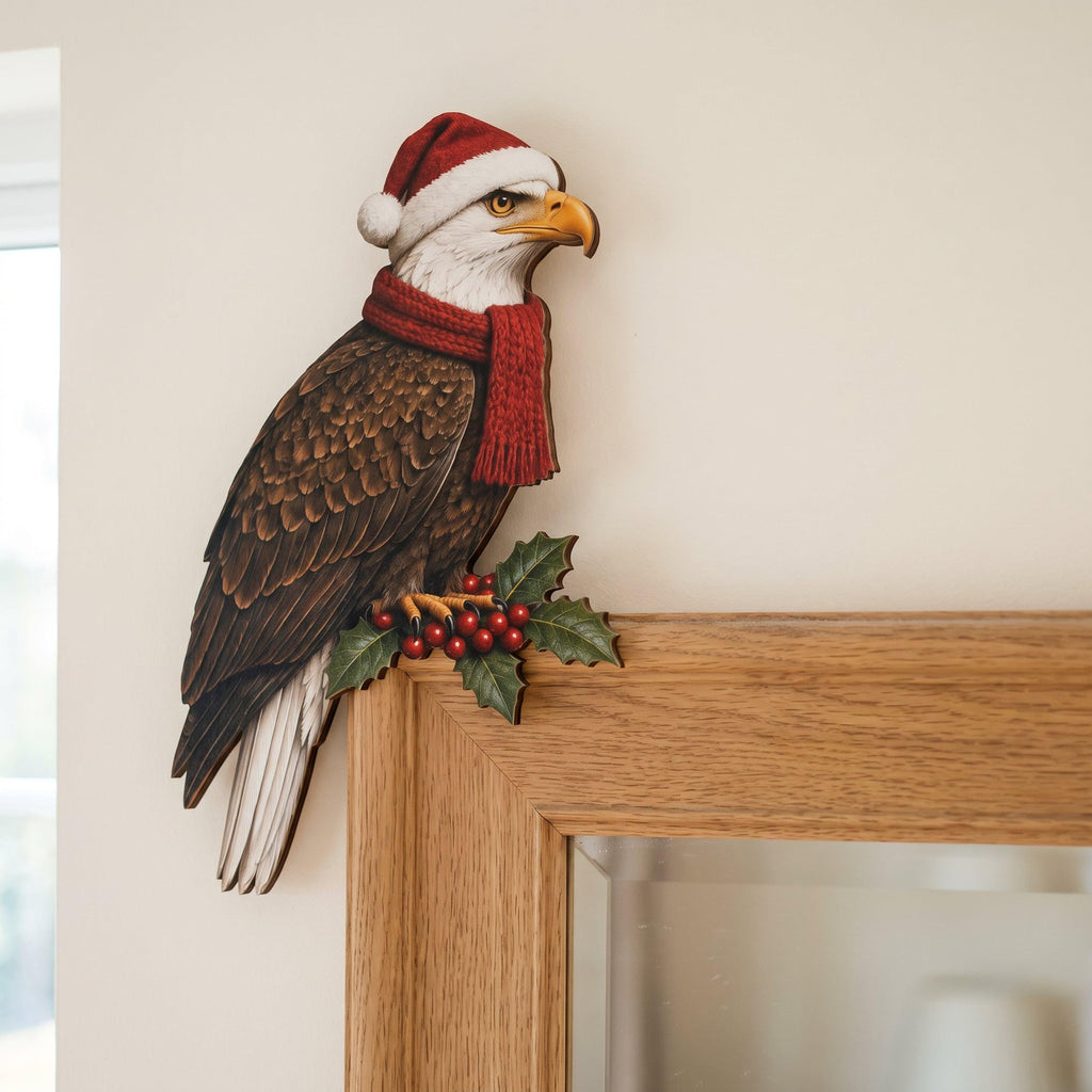 Christmas Bald Eagle Door Topper, Santa Hat Frame Corner Decor, Patriotic Holiday Accent, Red Scarf with Holly Berries, Veteran Xmas Gift