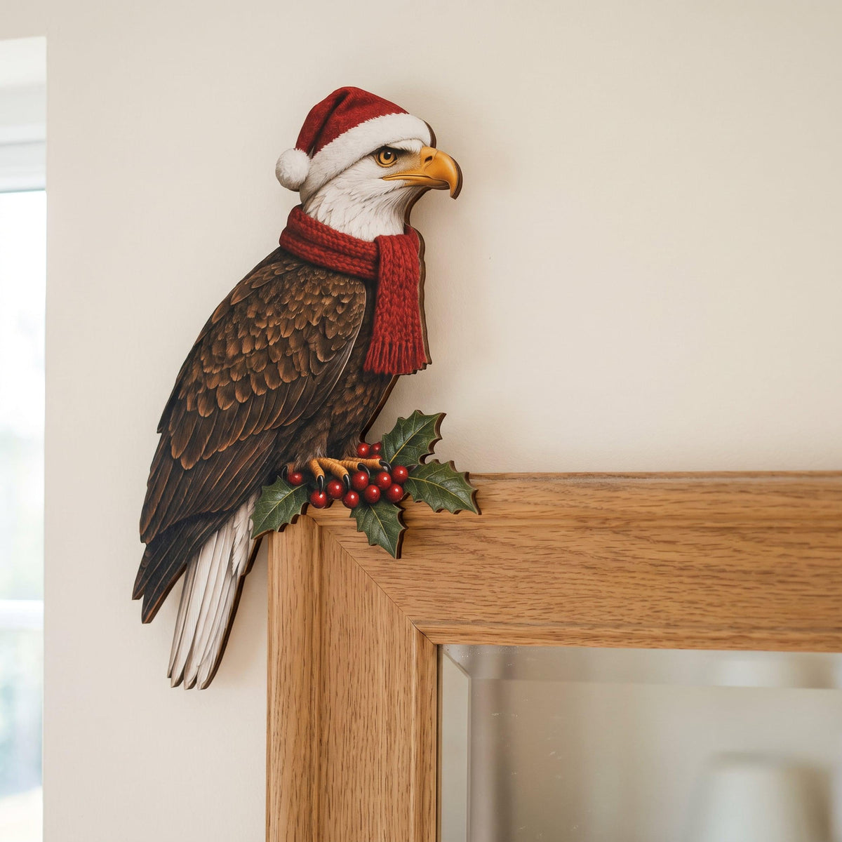 Christmas Bald Eagle Door Topper, Santa Hat Frame Corner Decor, Patriotic Holiday Accent, Red Scarf with Holly Berries, Veteran Xmas Gift