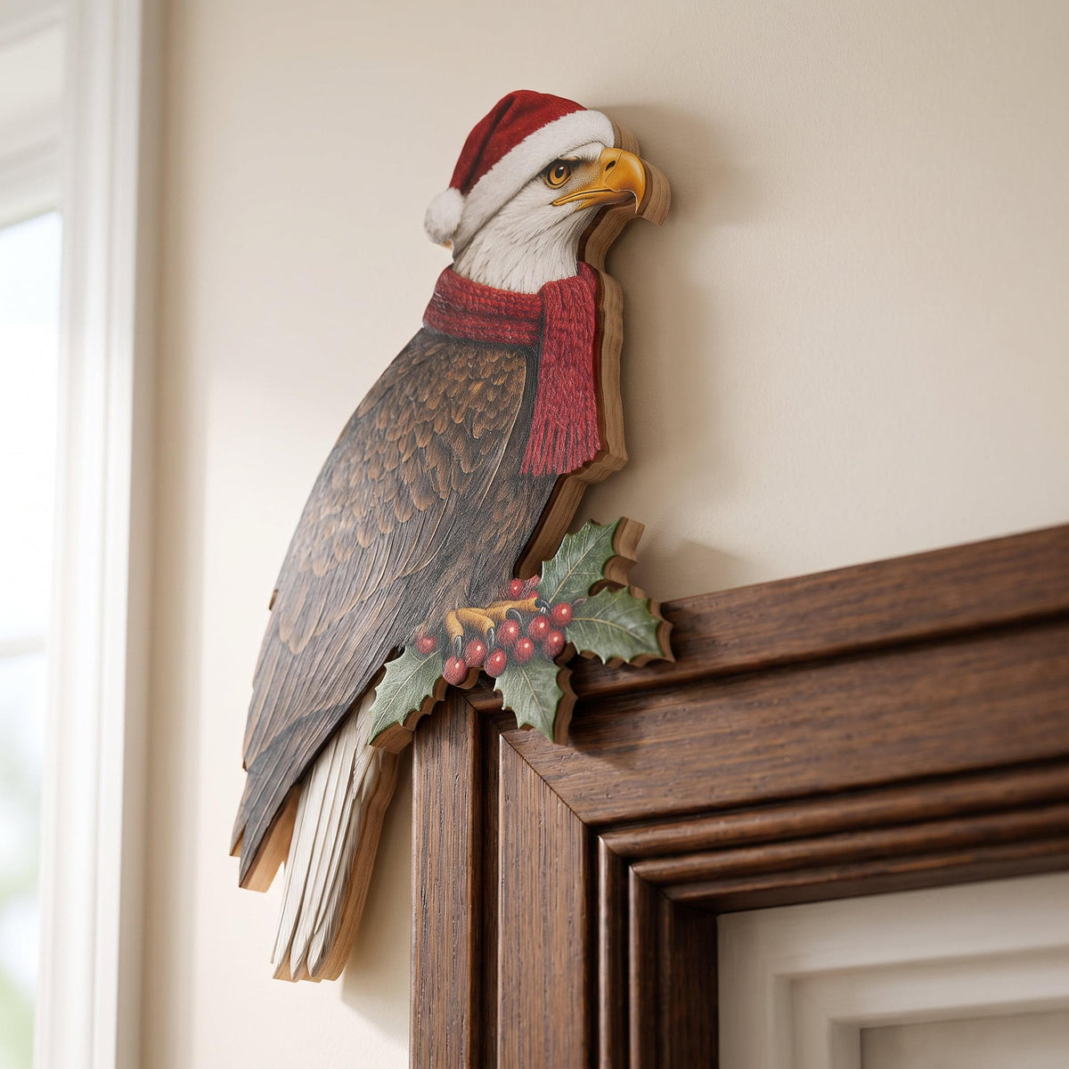 Christmas Bald Eagle Door Topper, Santa Hat Frame Corner Decor, Patriotic Holiday Accent, Red Scarf with Holly Berries, Veteran Xmas Gift