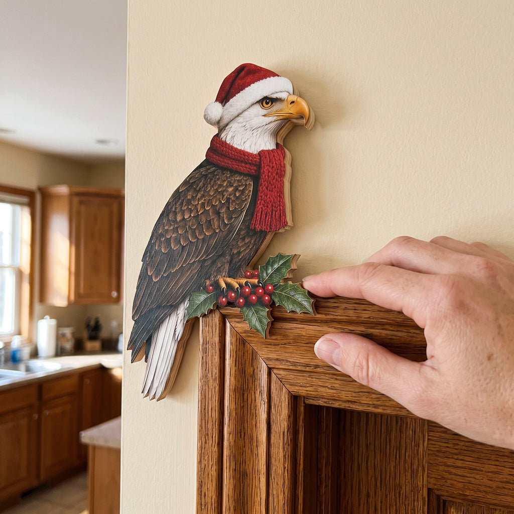 Christmas Bald Eagle Door Topper, Santa Hat Frame Corner Decor, Patriotic Holiday Accent, Red Scarf with Holly Berries, Veteran Xmas Gift