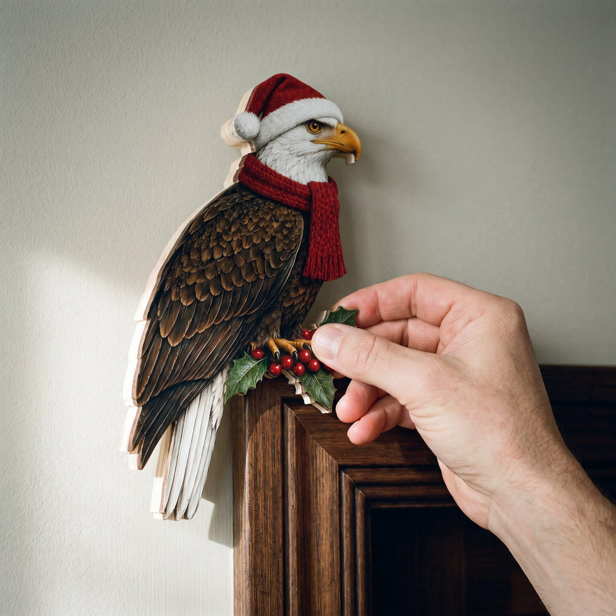 Christmas Bald Eagle Door Topper, Santa Hat Frame Corner Decor, Patriotic Holiday Accent, Red Scarf with Holly Berries, Veteran Xmas Gift
