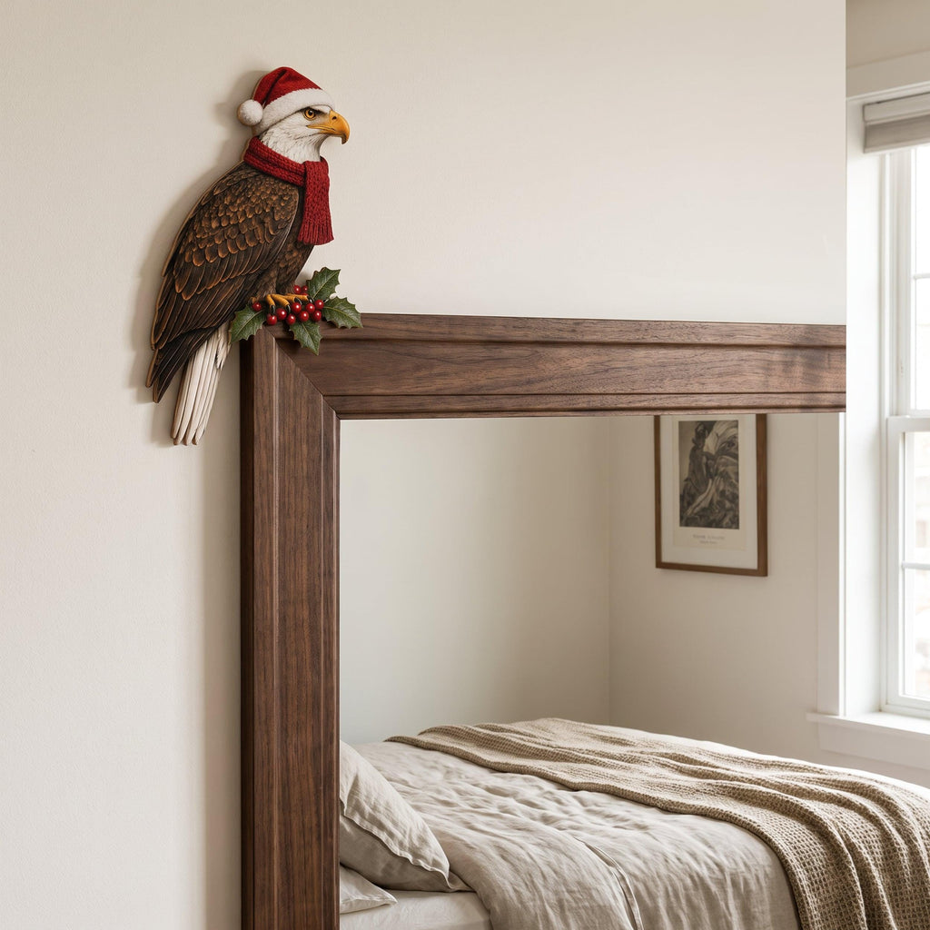Christmas Bald Eagle Door Topper, Santa Hat Frame Corner Decor, Patriotic Holiday Accent, Red Scarf with Holly Berries, Veteran Xmas Gift