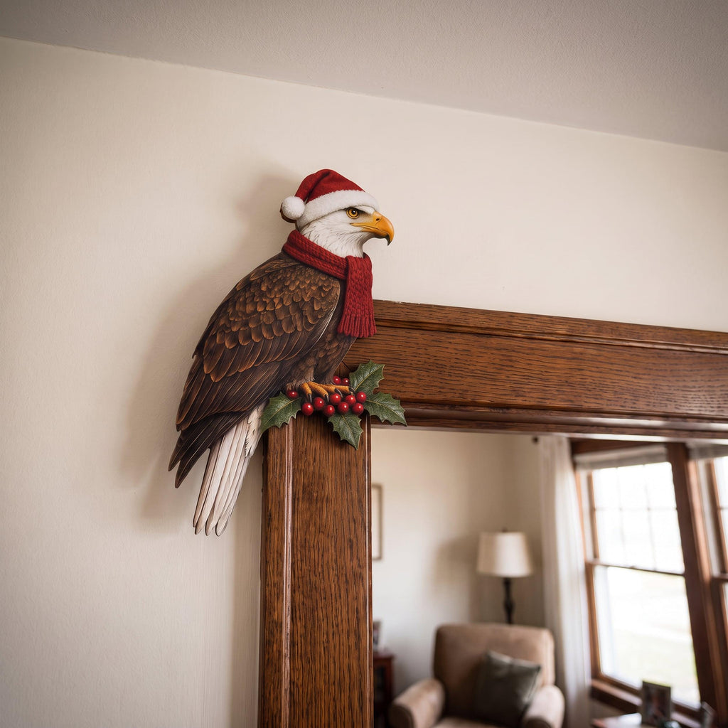 Christmas Bald Eagle Door Topper, Santa Hat Frame Corner Decor, Patriotic Holiday Accent, Red Scarf with Holly Berries, Veteran Xmas Gift