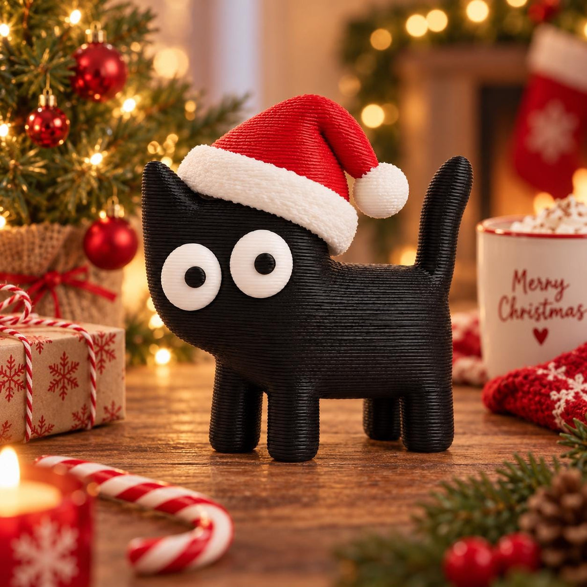 May include: A black cat figurine with large white circular eyes wearing a red and white Santa hat. The cat has a textured, ribbed surface and stands on four short legs with its tail pointed upward, creating a festive holiday appearance.