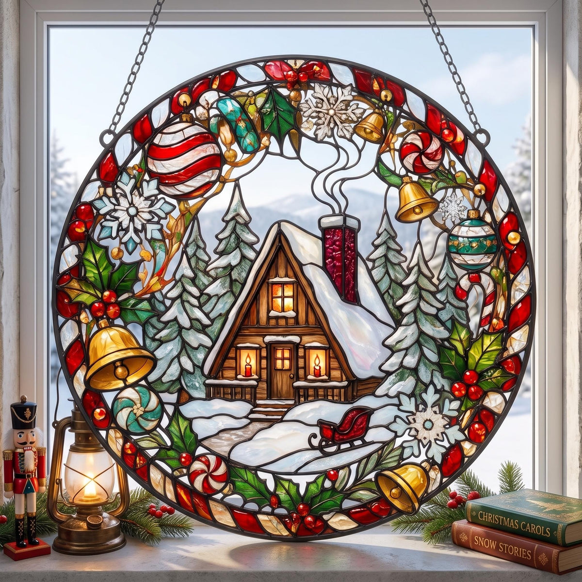 May include: A circular stained glass suncatcher featuring a snowy cabin scene surrounded by a wreath of holly, bells, snowflakes, and candy canes. The cabin has a lit chimney and windows. The piece is suspended by chains in a window frame.