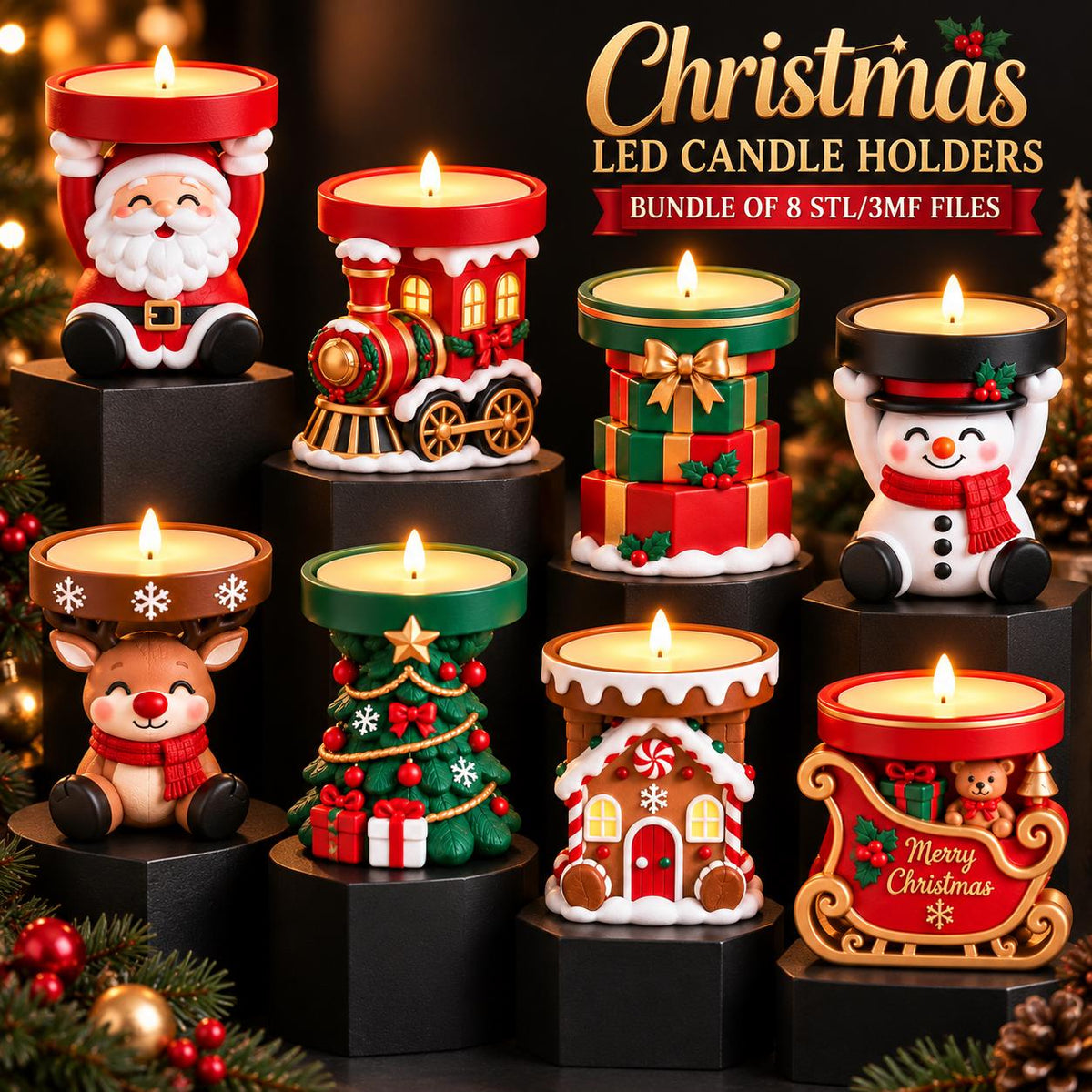 May include: A collection of eight Christmas LED candle holders featuring festive designs including Santa Claus, a train, stacked gifts, a snowman, a reindeer, a Christmas tree, a gingerbread house, and a sleigh with the text Merry Christmas.