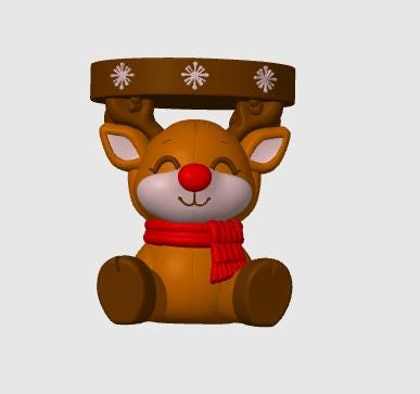 May include: A brown reindeer figurine with a bright red nose and a red scarf around its neck. The reindeer has closed eyes and is sitting down. Above its head, it supports a brown circular platform decorated with white snowflake patterns.