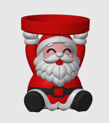 May include: A red and white Santa Claus figurine featuring a smiling face with a white beard and mustache. The figure is depicted with arms raised above the head, supporting a circular red tray. It wears a black belt with a red buckle and black boots.