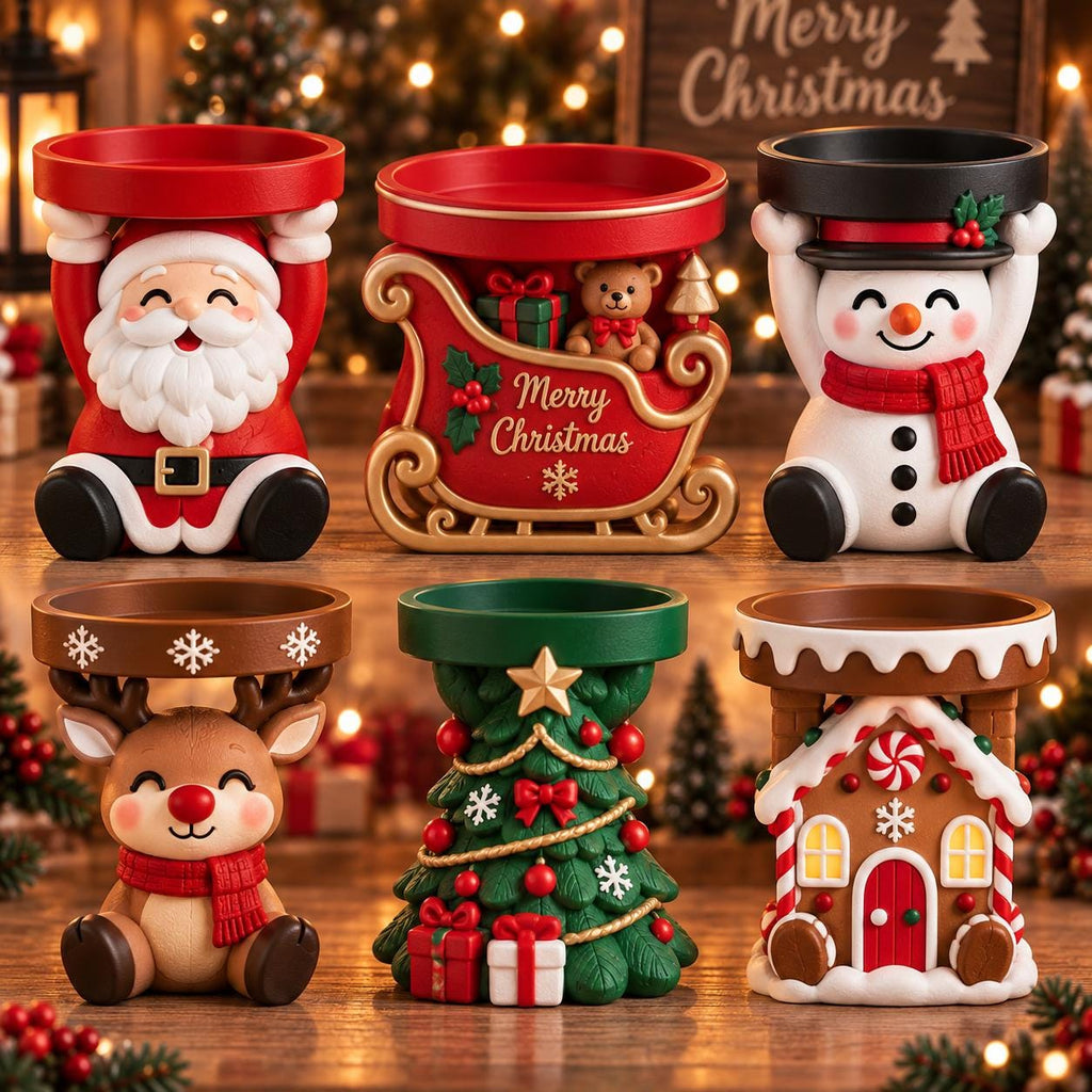 May include: A set of six decorative Christmas candle holders featuring a Santa Claus, a red sleigh with a teddy bear, a snowman, a reindeer, a decorated Christmas tree, and a gingerbread house, each with a flat circular top for a candle.