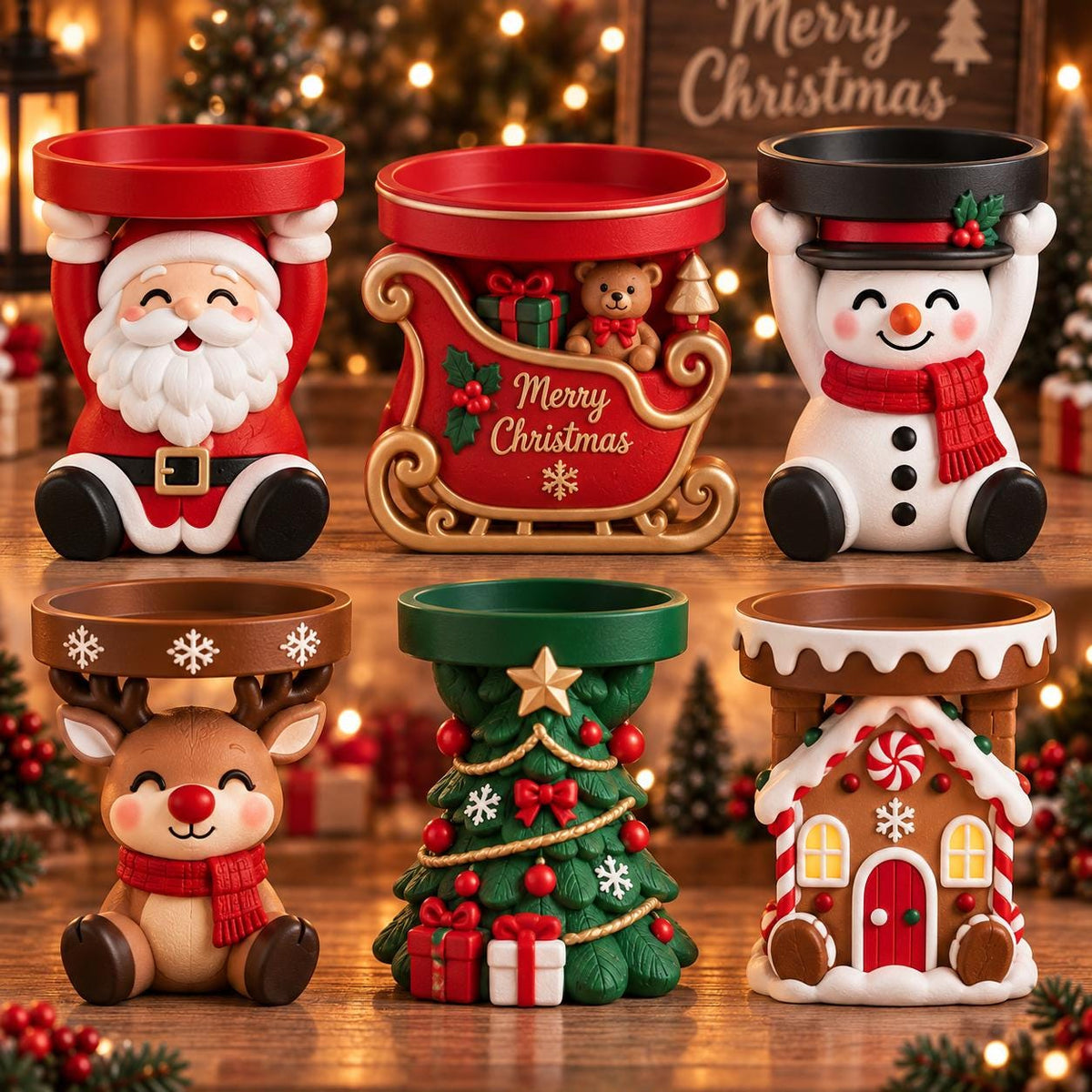 May include: A set of six decorative Christmas candle holders featuring a Santa Claus, a red sleigh with a teddy bear, a snowman, a reindeer, a decorated Christmas tree, and a gingerbread house, each with a flat circular top for a candle.