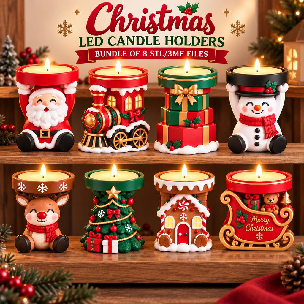 May include: A collection of eight Christmas LED candle holders featuring festive designs including a Santa Claus, a train, stacked gift boxes, a snowman, a reindeer, a Christmas tree, a gingerbread house, and a sleigh with the text Merry Christmas.