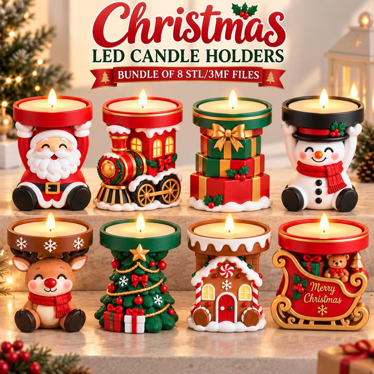 May include: A set of eight Christmas LED candle holders featuring festive designs including Santa Claus, a train, stacked gifts, a snowman, a reindeer, a Christmas tree, a gingerbread house, and a sleigh with the text Merry Christmas.