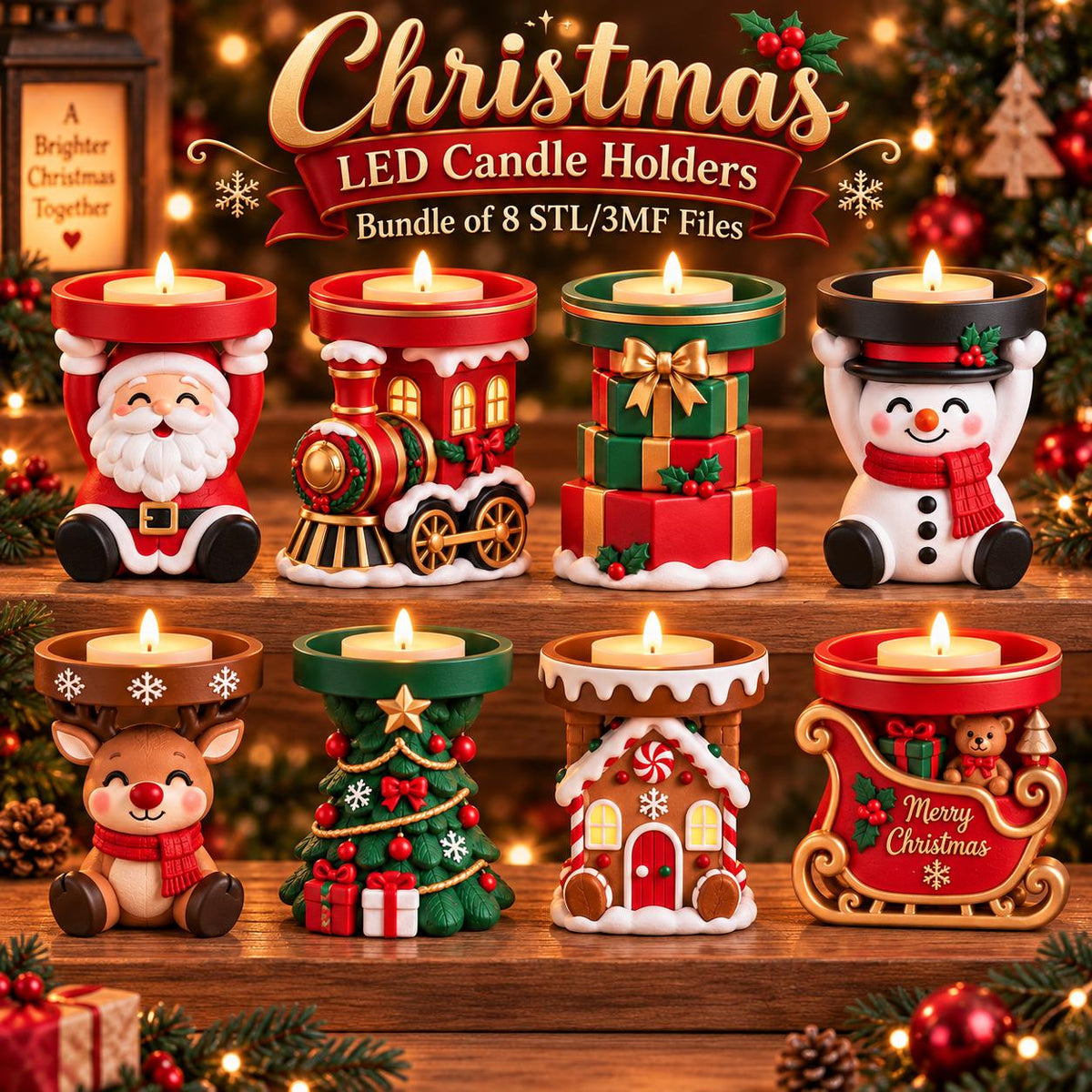 May include: A bundle of 8 Christmas LED candle holders featuring festive designs including Santa Claus, a train, stacked gift boxes, a snowman, a reindeer, a Christmas tree, a gingerbread house, and a sleigh with the text Merry Christmas.
