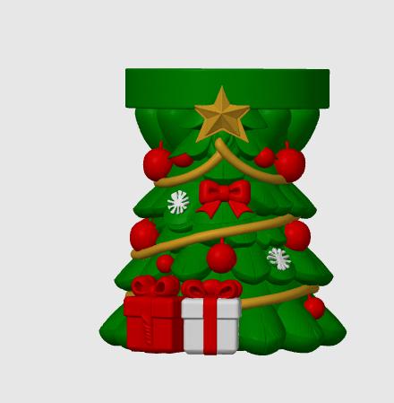 May include: A green, cone-shaped Christmas tree ornament featuring a gold star at the top, wrapped with gold garland, and decorated with red spherical ornaments, white snowflake accents, and a red bow. Two gift boxes sit at the base.