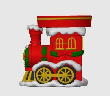 May include: A red locomotive train figurine featuring a flat top surface, yellow wheels, and a yellow cowcatcher. The train is decorated with green wreaths, a red bow, and white snow-like accents on the roof, wheels, and chimney stack.