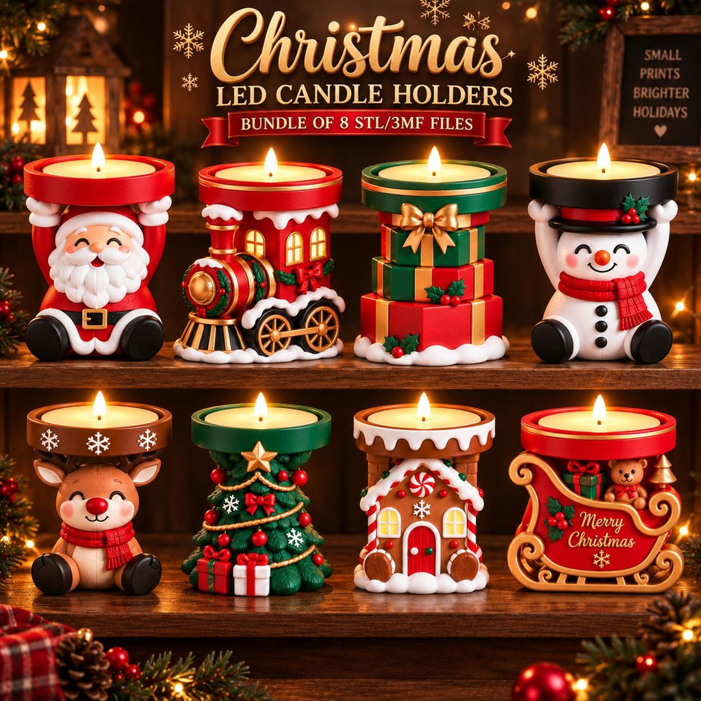 May include: A collection of eight Christmas LED candle holders featuring festive designs including a Santa Claus, a train, stacked gifts, a snowman, a reindeer, a Christmas tree, a gingerbread house, and a sleigh with a teddy bear.
