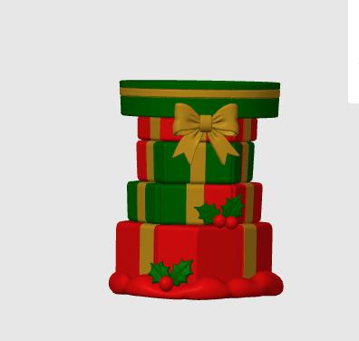 May include: A decorative stack of four square gift boxes in alternating red and green colors with gold ribbon accents. The top box features a large gold bow, while the lower boxes are adorned with small green holly leaves and red berries.