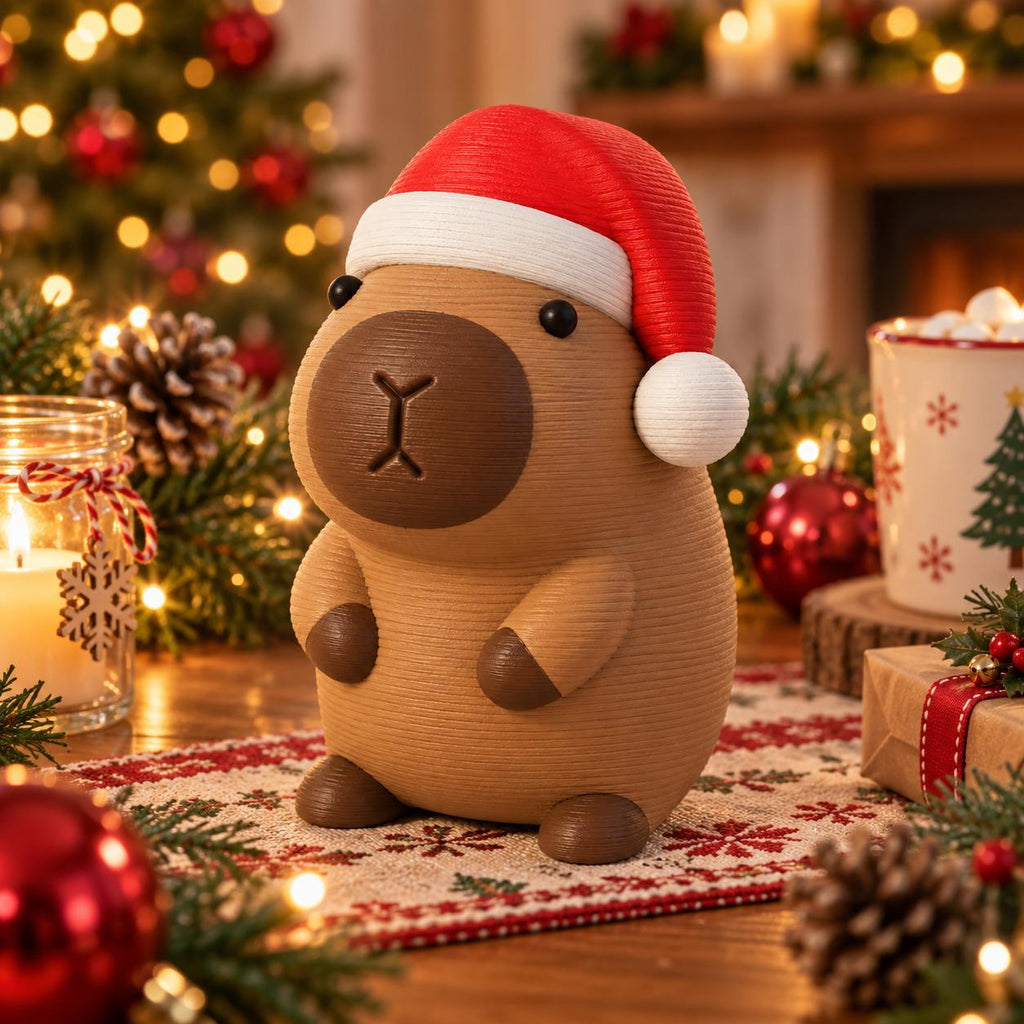 May include: A brown capybara figurine with a dark brown snout and small black eyes, wearing a red and white Santa hat. The figurine has a textured surface and is standing upright with small brown paws and feet, featuring a rounded body shape.