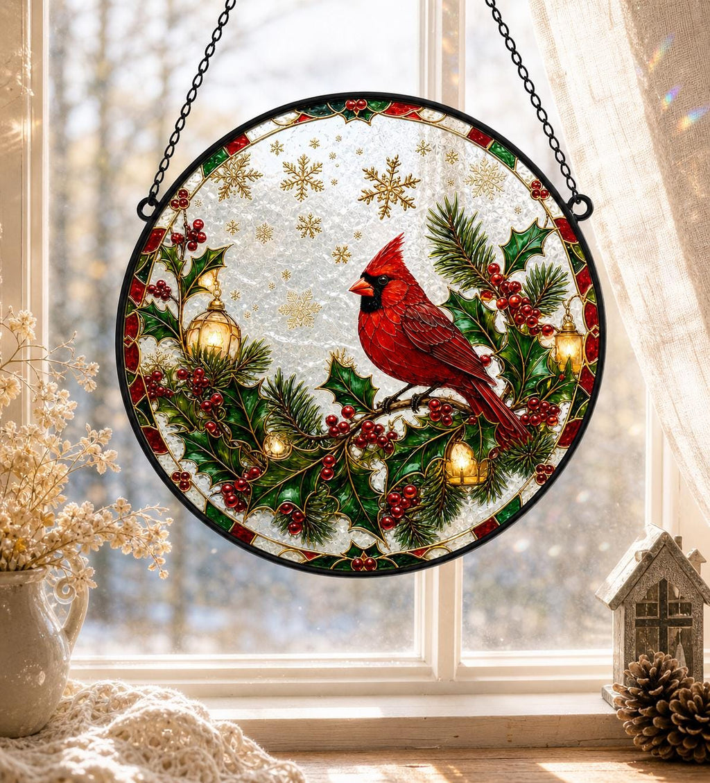 May include: A circular stained glass suncatcher featuring a vibrant red cardinal perched on a holly branch with green leaves and red berries. The design includes golden lanterns, gold snowflake accents, and a black metal frame with a hanging chain.
