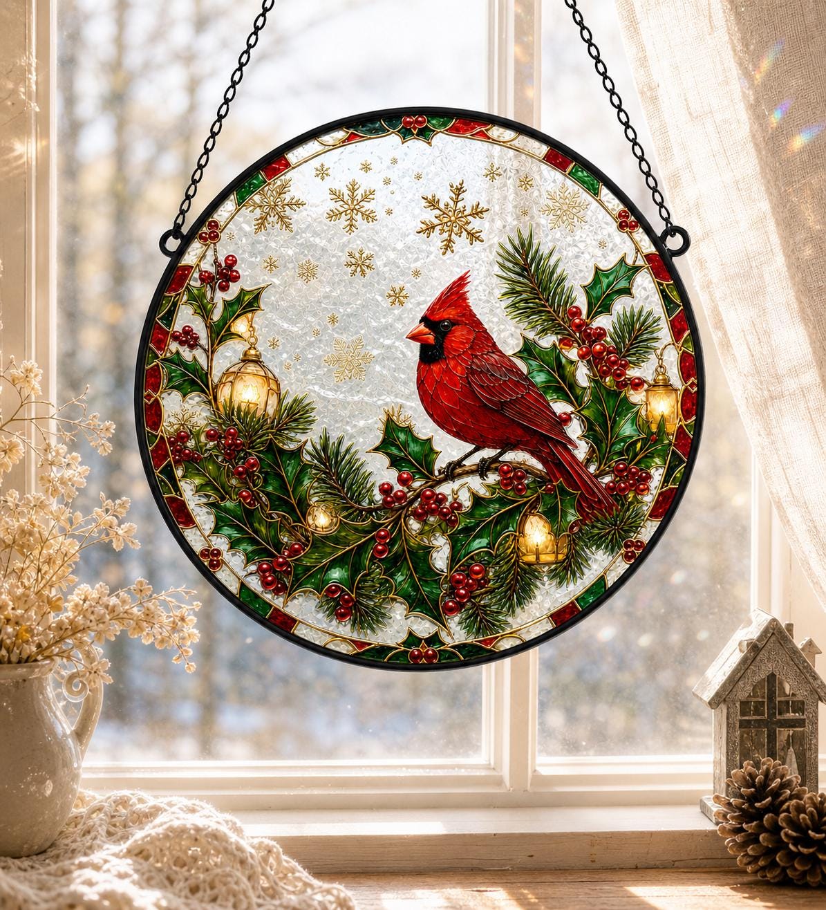 May include: A circular stained glass suncatcher featuring a vibrant red cardinal perched on a holly branch with green leaves and red berries. The design includes golden lanterns, gold snowflake accents, and a black metal frame with a hanging chain.