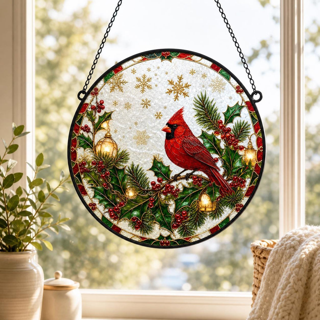 May include: A circular stained glass suncatcher featuring a vibrant red cardinal perched on a pine branch with green holly leaves and red berries. The design includes golden lanterns, gold snowflakes, and a textured white background with a black frame.
