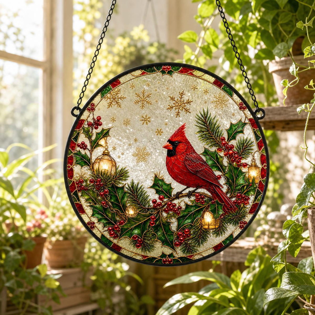 May include: A circular stained glass suncatcher featuring a red cardinal perched on a pine branch with holly berries and golden lanterns. The background has a textured, crackled finish with gold snowflake patterns and a decorative red border.
