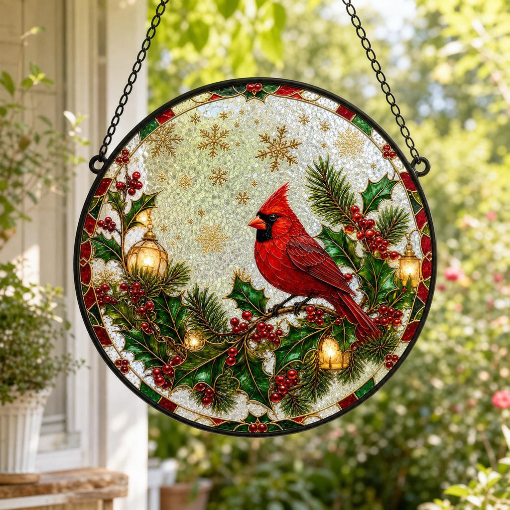 Christmas Cardinal Stained Glass Style Suncatcher, UV Printed Round Window Hanging Decor, cardinal gift
