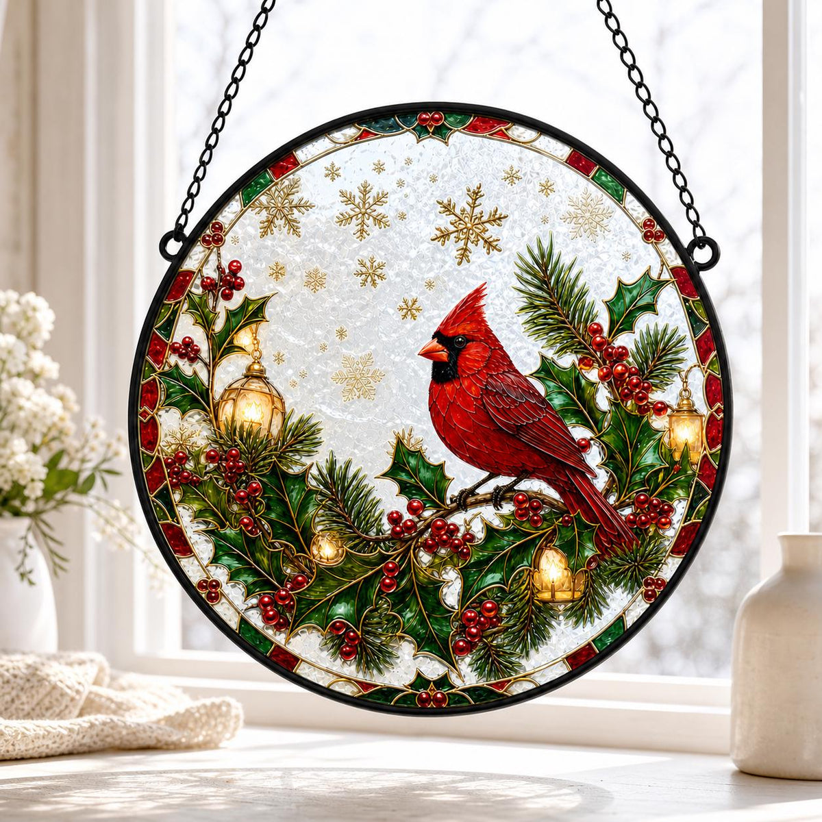 May include: A circular stained glass suncatcher featuring a vibrant red cardinal perched on a holly branch with green leaves and red berries. The design includes gold lanterns, golden snowflakes, and a black metal frame with a hanging chain.