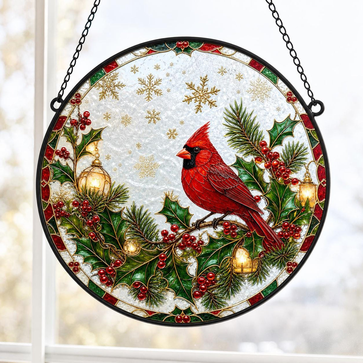 May include: A circular stained glass suncatcher featuring a vibrant red cardinal perched on a holly branch with green leaves and red berries. The design includes golden lanterns, gold snowflake accents, and a black metal frame with a hanging chain.