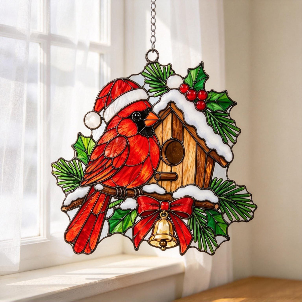 May include: A stained glass suncatcher featuring a red cardinal bird wearing a white-trimmed red Santa hat, perched on a wooden birdhouse covered in snow. The design includes green holly leaves, red berries, and a gold bell tied with a red bow.