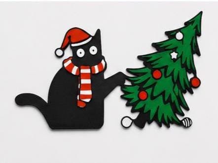 May include: A flat, black cat figure wearing a red and white Santa hat and a matching striped scarf, reaching out with one paw toward a green Christmas tree decorated with red circular ornaments and white star-shaped accents on a white background.