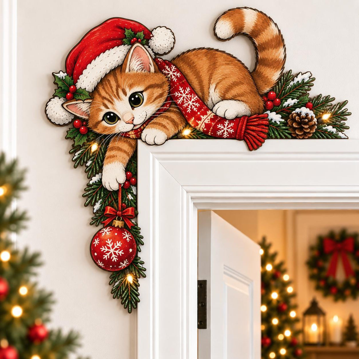 May include: A decorative wooden door corner topper featuring an orange tabby kitten wearing a red Santa hat and a red scarf with white snowflake patterns. The kitten is nestled among green pine branches, red berries, and a hanging red ornament.
