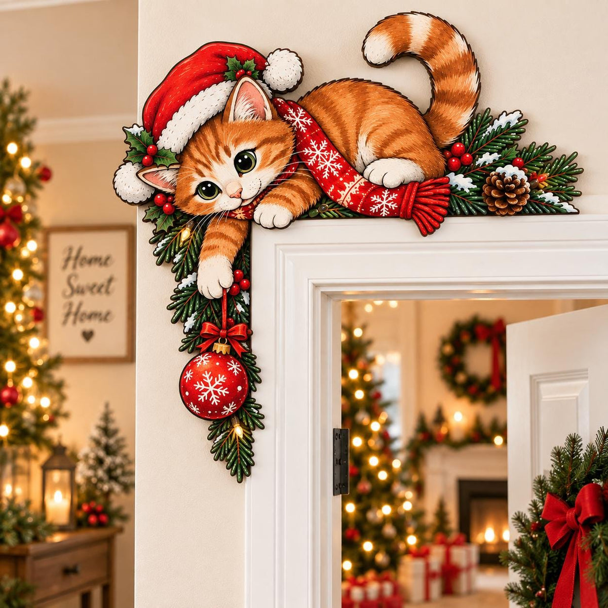 May include: A decorative wooden door corner topper featuring an orange tabby kitten wearing a red Santa hat and a red scarf with white snowflake patterns. The kitten is nestled among green pine branches, red berries, and a pinecone, holding a red ornament.