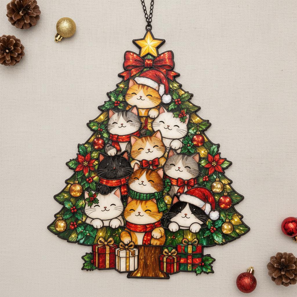 May include: A stained glass style Christmas tree ornament featuring multiple cats with various fur patterns and colors, some wearing Santa hats and scarves. The tree is decorated with red and gold ornaments, poinsettias, and gift boxes at the base.