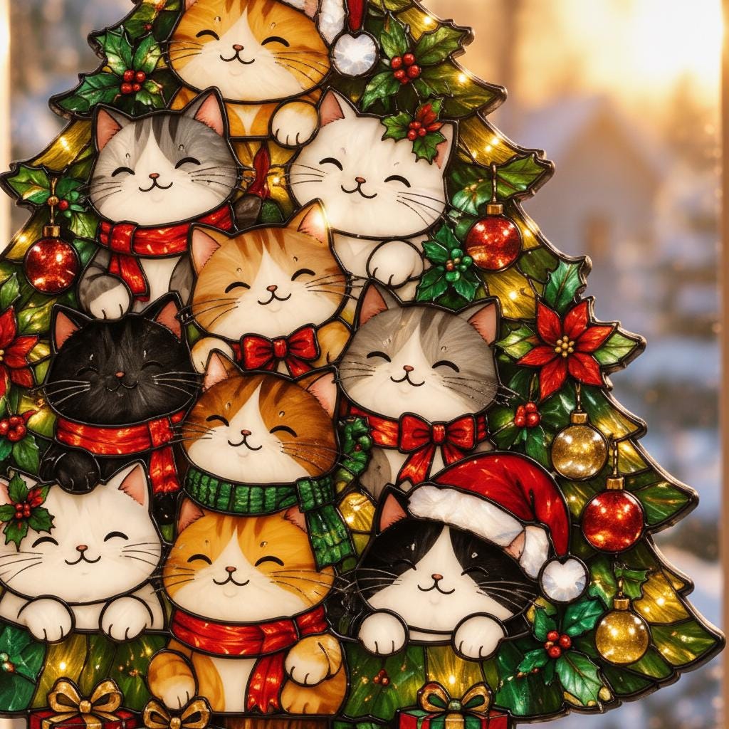 May include: A stained glass-style Christmas tree decoration featuring multiple cats with various fur colors and patterns. The cats wear red scarves, green scarves, or a Santa hat. The tree is adorned with red and gold ornaments and holly leaves.